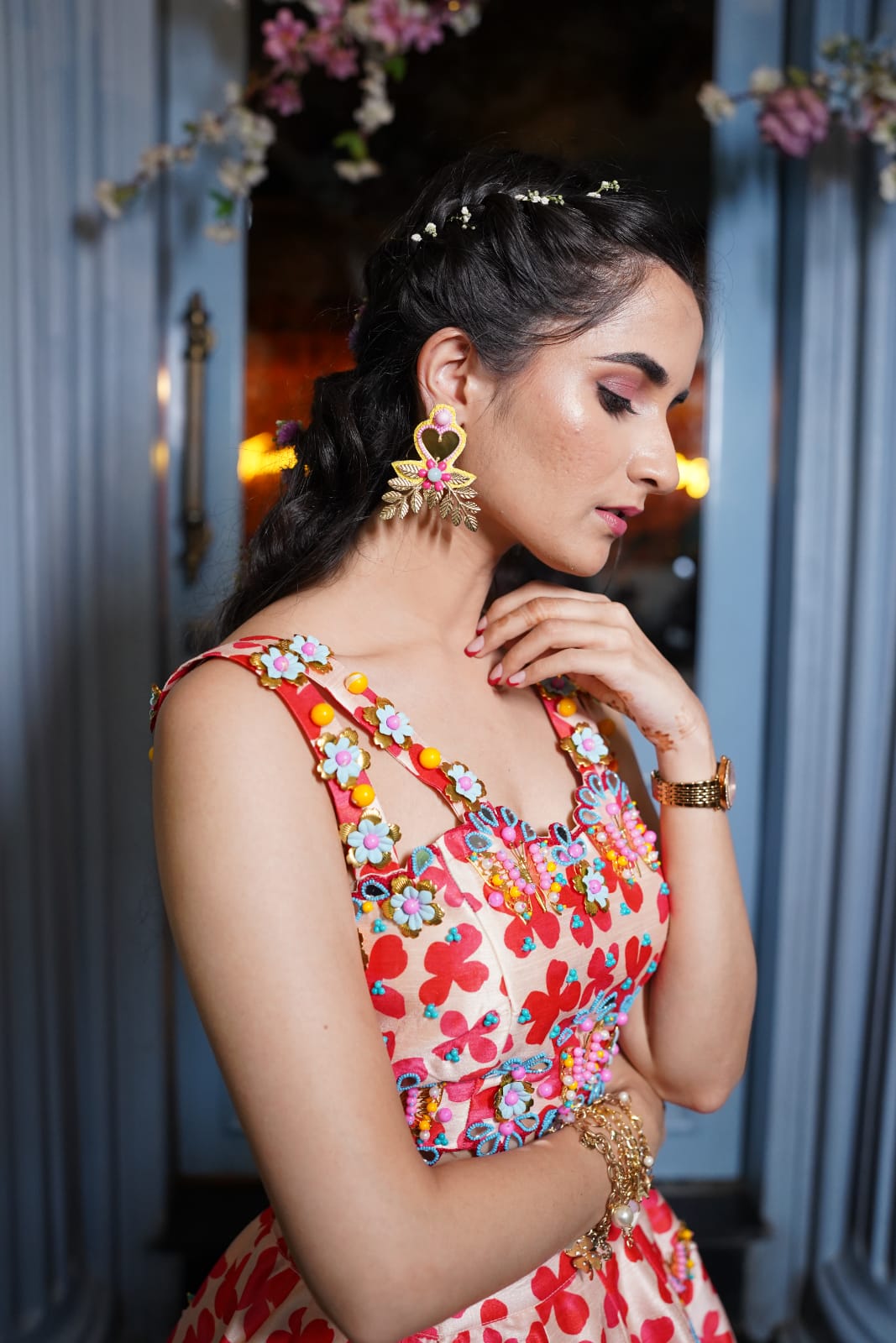 Yellow mirror beaded earrings .